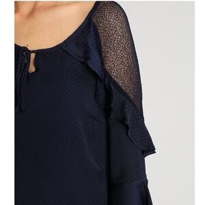 Evans Navy Blue Polka Dot Ruffle Lace Shoulder Shift Dress Size 16 Bell Sleeve